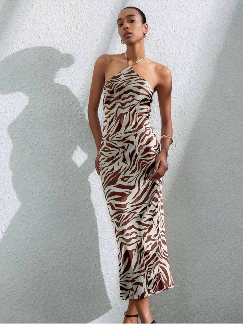 🆕 Brown Zebra-Print Halter Slip Dress